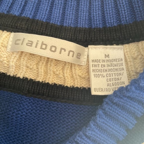 Claiborne 1990s Cricket Style Cotton Sweater Blue Cream Black Trim Size Mens Med - Picture 4 of 9